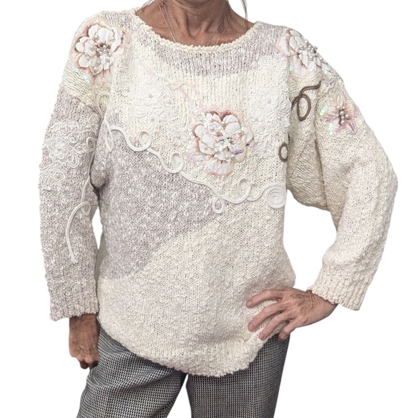 Bonnie and Bill by Holly Sweaters - Vintage Bonnie & Bill by Holly Floral Appliqué Sequin Knit Sweater M Korea